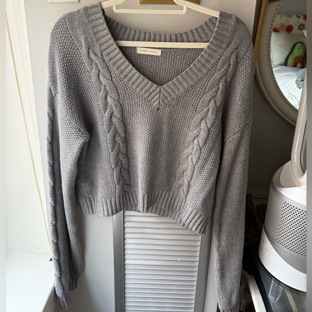 Honey Punch Gray V-Neck Cable Sweater